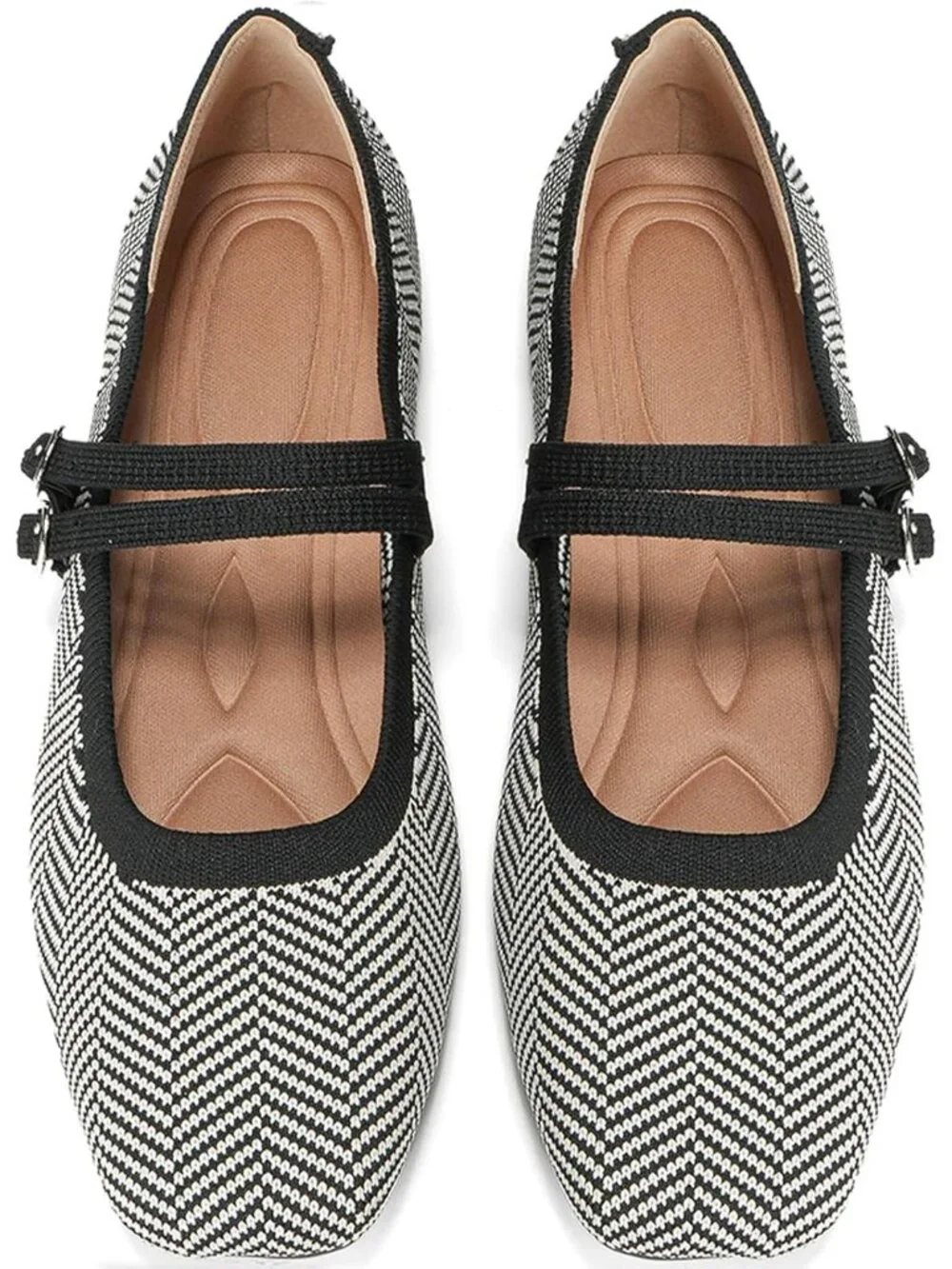 Women's Grey Knit Square Toe Mary Jane Ballet Flats Foldable Buckle Strap Shoes